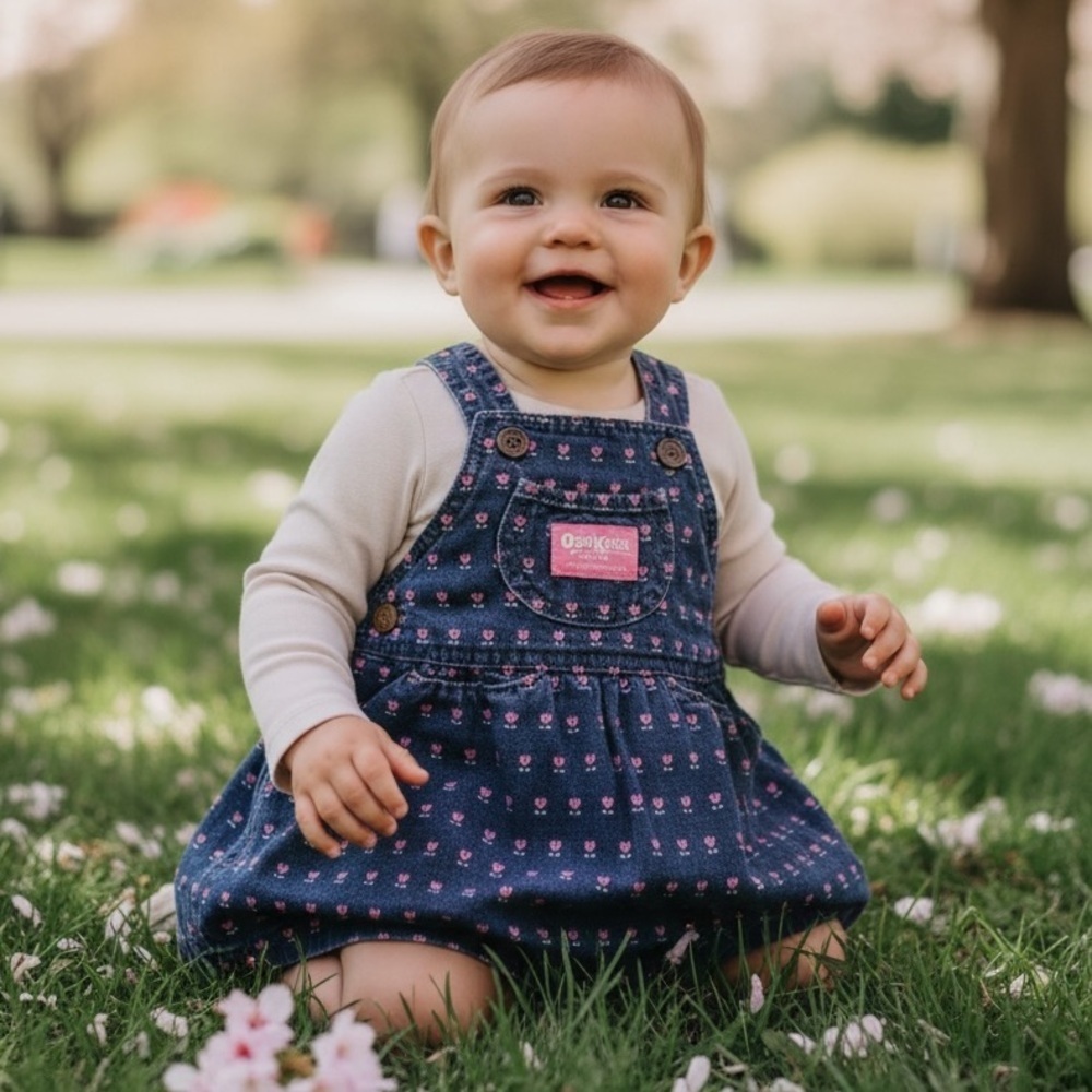 Vintage Oshkosh Denim Jean Floral Tulips Overall Dress Baby Girl Size 18M USA